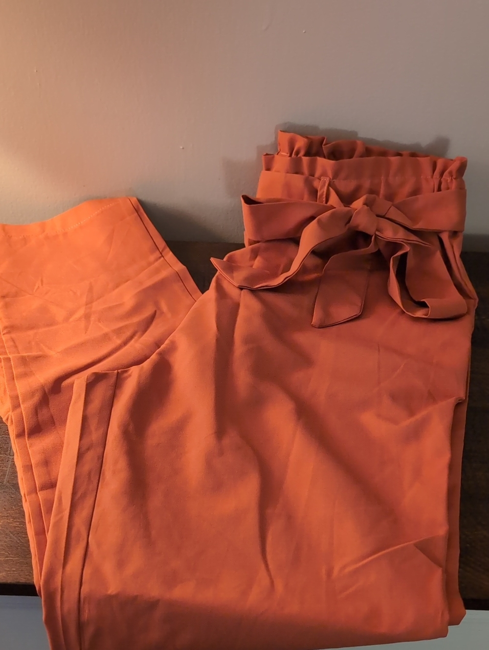SHEIN Rust Paperbag Waist Wide Leg Pants with Tie